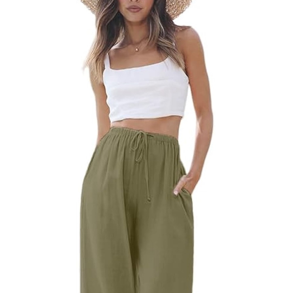 Linen High Waisted Wide Pants for Casual Summer Flowy Beach Pants with Pockets